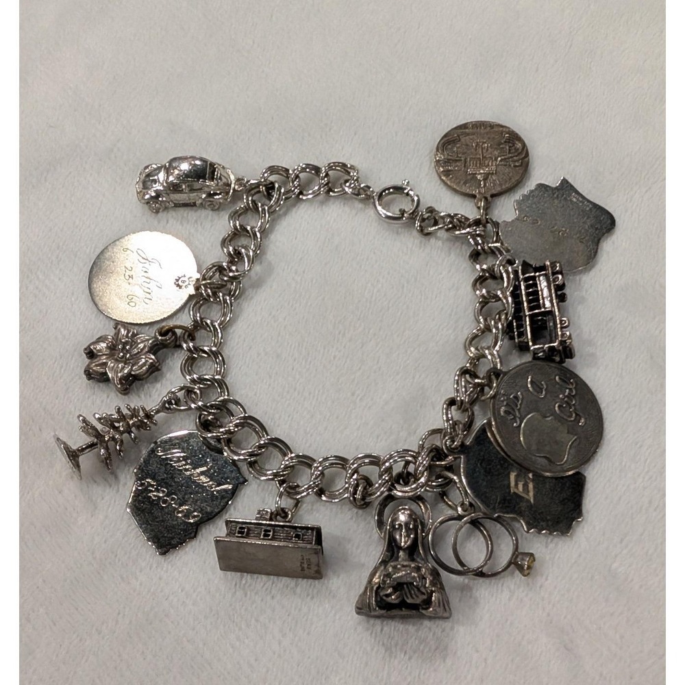 Vintage Beau Sterling Silver Multi Charm Bracelet 13 Charms VW Beetle Roma 7in
